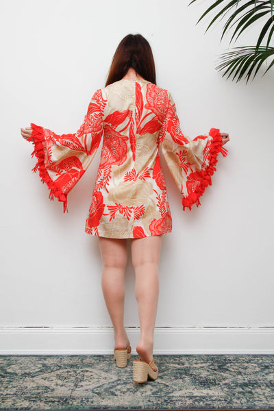 Vintage 1970s Floral Mini Dress, Feather Trim Statement Sleeve Dress