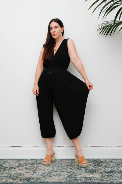 Vintage 1970s Black Harem Jumpsuit, Bohemian Wide Leg Statement Piece