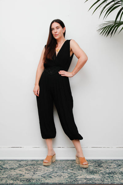 Vintage 1970s Black Harem Jumpsuit, Bohemian Wide Leg Statement Piece