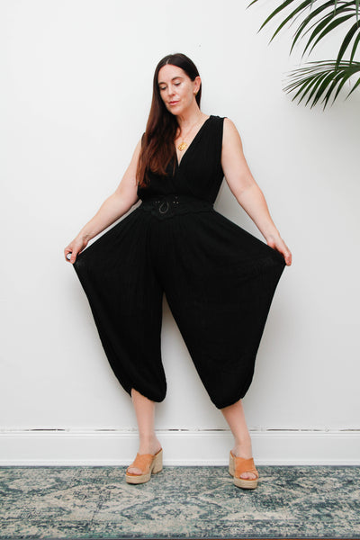 Vintage 1970s Black Harem Jumpsuit, Bohemian Wide Leg Statement Piece