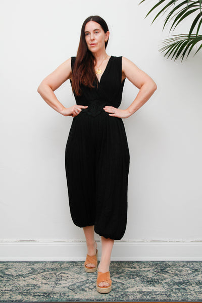 Vintage 1970s Black Harem Jumpsuit, Bohemian Wide Leg Statement Piece