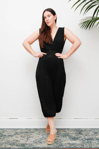 Vintage 1970s Black Harem Jumpsuit, Bohemian Wide Leg Statement Piece