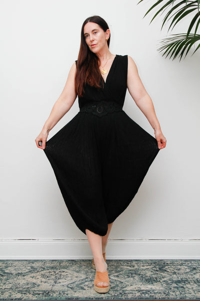 Vintage 1970s Black Harem Jumpsuit, Bohemian Wide Leg Statement Piece