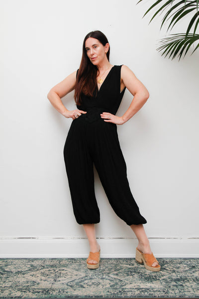 Vintage 1970s Black Harem Jumpsuit, Bohemian Wide Leg Statement Piece