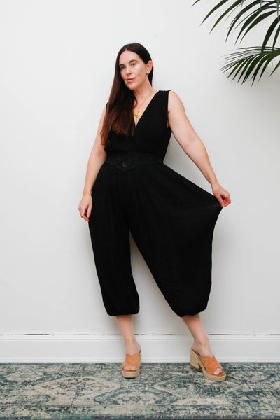 Vintage 1970s Black Harem Jumpsuit, Bohemian Wide Leg Statement Piece