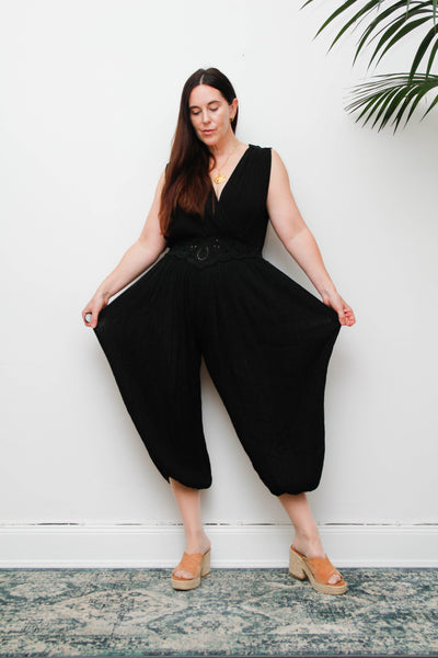 Vintage 1970s Black Harem Jumpsuit, Bohemian Wide Leg Statement Piece