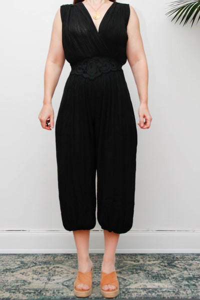 Vintage 1970s Black Harem Jumpsuit, Bohemian Wide Leg Statement Piece