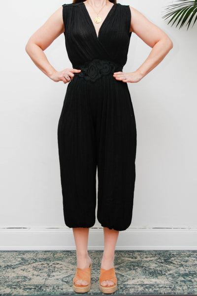 Vintage 1970s Black Harem Jumpsuit, Bohemian Wide Leg Statement Piece