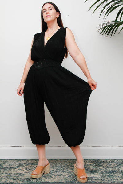 Vintage 1970s Black Harem Jumpsuit, Bohemian Wide Leg Statement Piece