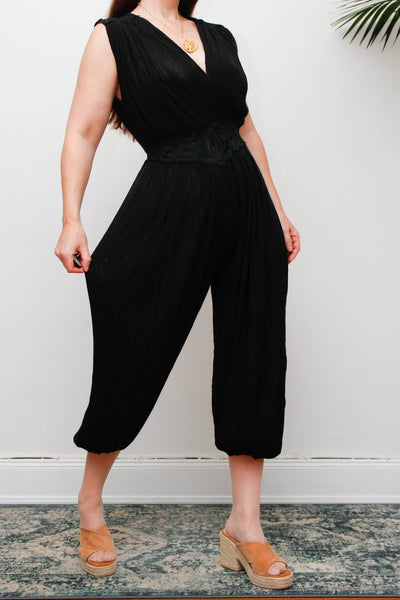 Vintage 1970s Black Harem Jumpsuit, Bohemian Wide Leg Statement Piece
