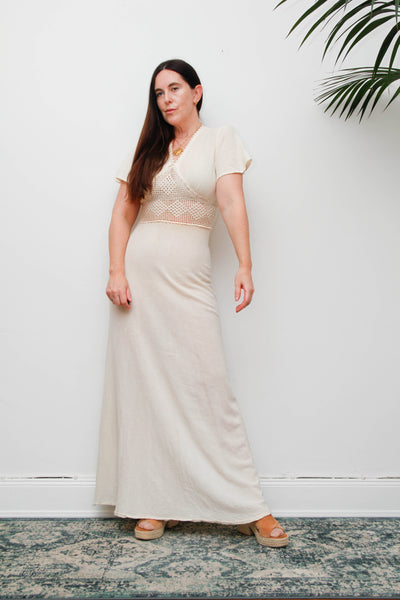 Rare 1970s Bohemian Maxi Dress, Cream Cheesecloth Cotton Ethereal Dress