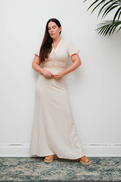 Rare 1970s Bohemian Maxi Dress, Cream Cheesecloth Cotton Ethereal Dress