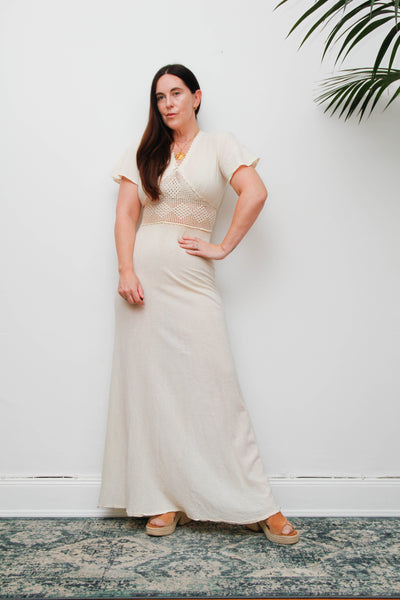 Rare 1970s Bohemian Maxi Dress, Cream Cheesecloth Cotton Ethereal Dress