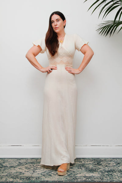 Rare 1970s Bohemian Maxi Dress, Cream Cheesecloth Cotton Ethereal Dress