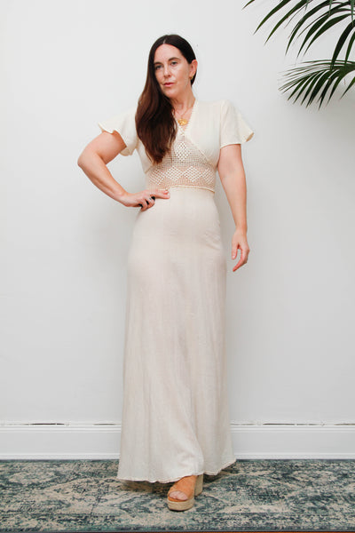 Rare 1970s Bohemian Maxi Dress, Cream Cheesecloth Cotton Ethereal Dress