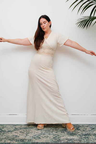 Rare 1970s Bohemian Maxi Dress, Cream Cheesecloth Cotton Ethereal Dress
