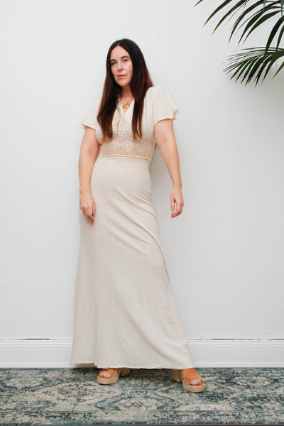 Rare 1970s Bohemian Maxi Dress, Cream Cheesecloth Cotton Ethereal Dress