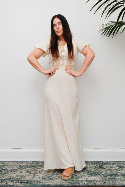 Rare 1970s Bohemian Maxi Dress, Cream Cheesecloth Cotton Ethereal Dress