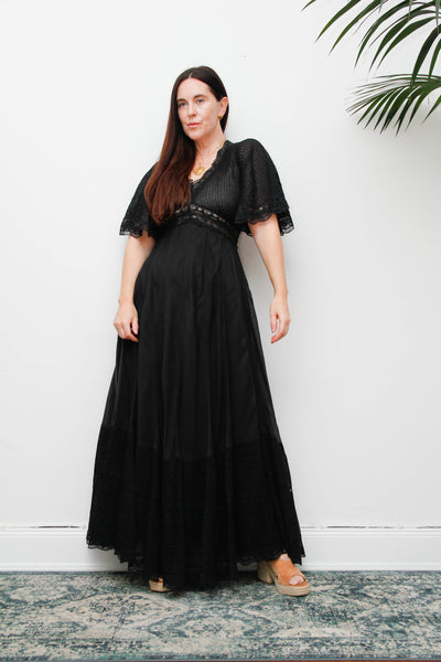 Vintage Black Cotton Maxi Dress with Lace Inserts and Fluted Sleeves