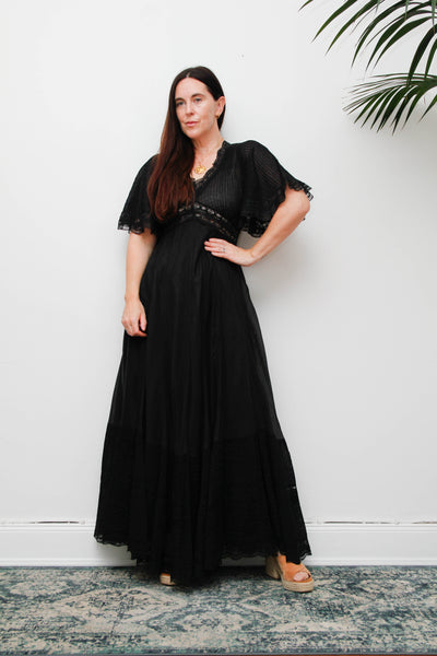 Vintage Black Cotton Maxi Dress with Lace Inserts and Fluted Sleeves
