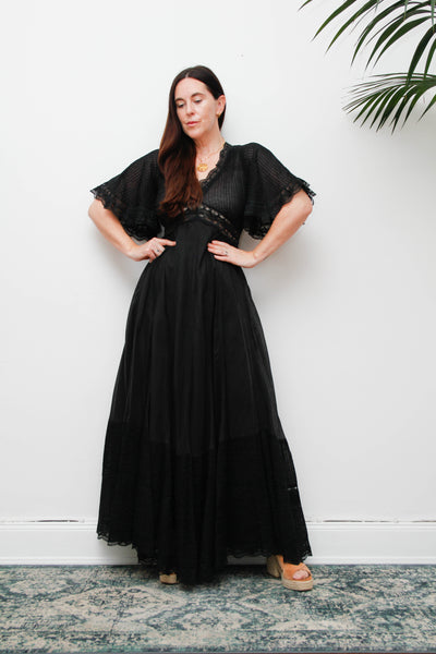 Vintage Black Cotton Maxi Dress with Lace Inserts and Fluted Sleeves