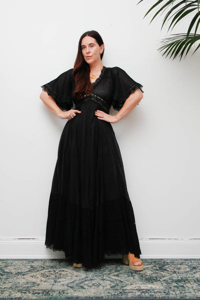 Vintage Black Cotton Maxi Dress with Lace Inserts and Fluted Sleeves