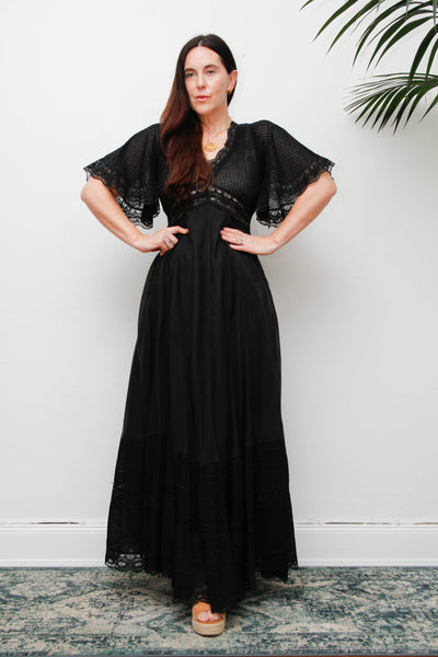 Vintage Black Cotton Maxi Dress with Lace Inserts and Fluted Sleeves