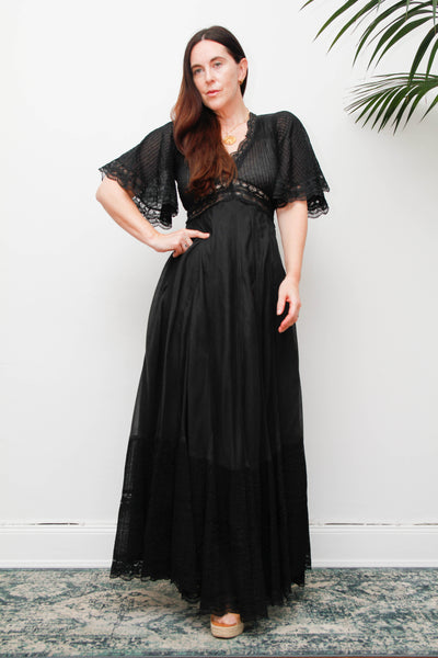 Vintage Black Cotton Maxi Dress with Lace Inserts and Fluted Sleeves