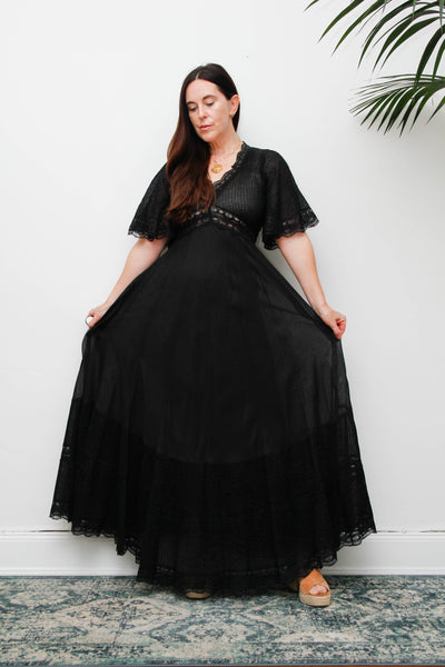 Vintage Black Cotton Maxi Dress with Lace Inserts and Fluted Sleeves