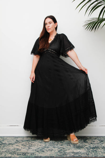 Vintage Black Cotton Maxi Dress with Lace Inserts and Fluted Sleeves