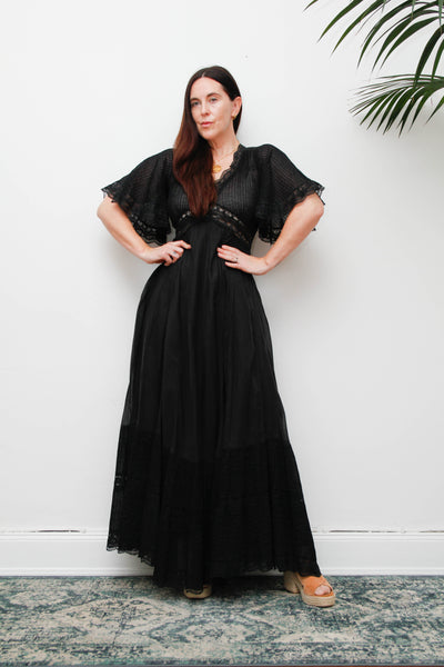 Vintage Black Cotton Maxi Dress with Lace Inserts and Fluted Sleeves