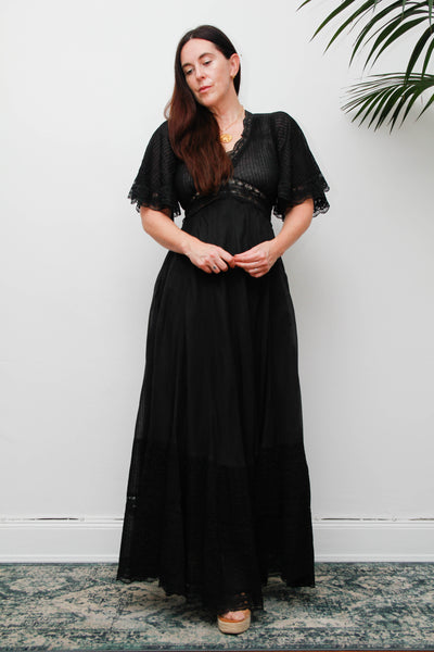 Vintage Black Cotton Maxi Dress with Lace Inserts and Fluted Sleeves
