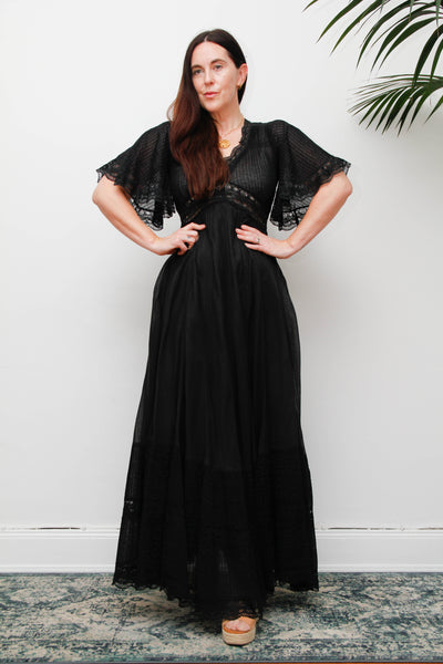 Vintage Black Cotton Maxi Dress with Lace Inserts and Fluted Sleeves