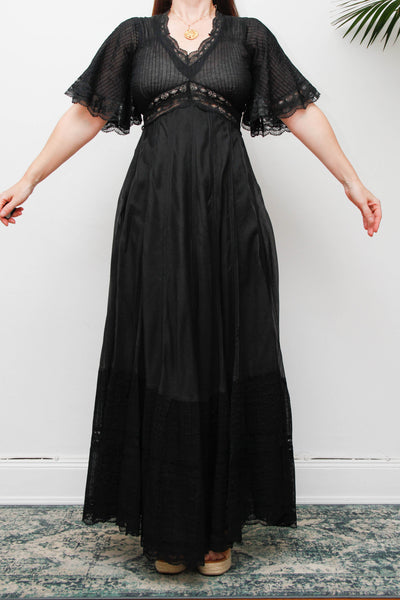 Vintage Black Cotton Maxi Dress with Lace Inserts and Fluted Sleeves