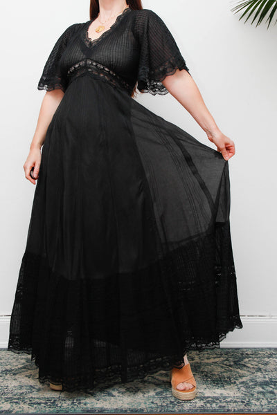 Vintage Black Cotton Maxi Dress with Lace Inserts and Fluted Sleeves