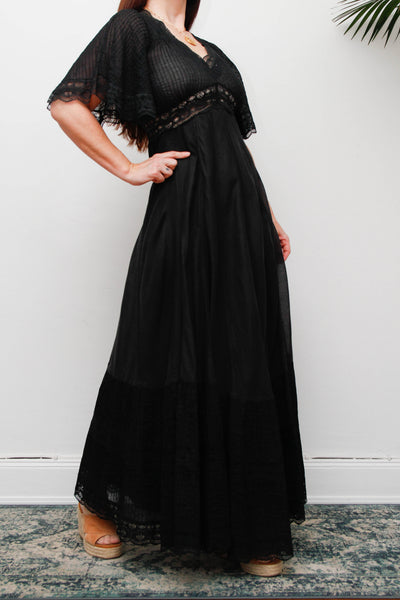Vintage Black Cotton Maxi Dress with Lace Inserts and Fluted Sleeves
