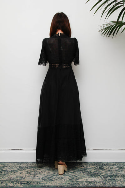 Vintage Black Cotton Maxi Dress with Lace Inserts and Fluted Sleeves
