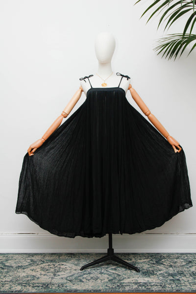 Vintage 1970s Indian Gauze Dress, Black Cotton Bohemian Smock