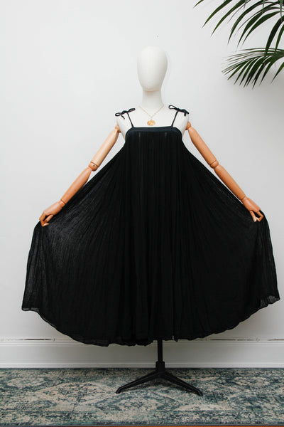 Vintage 1970s Indian Gauze Dress, Black Cotton Bohemian Smock