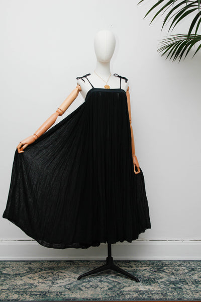 Vintage 1970s Indian Gauze Dress, Black Cotton Bohemian Smock