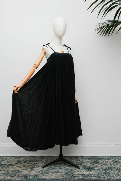 Vintage 1970s Indian Gauze Dress, Black Cotton Bohemian Smock