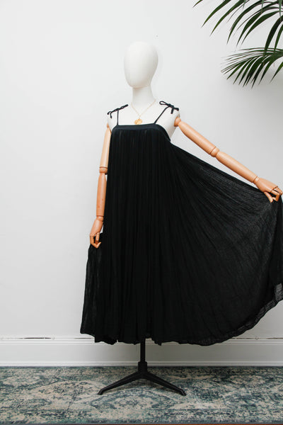 Vintage 1970s Indian Gauze Dress, Black Cotton Bohemian Smock