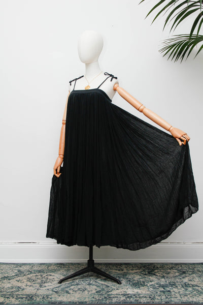 Vintage 1970s Indian Gauze Dress, Black Cotton Bohemian Smock