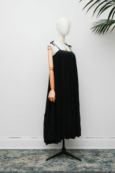 Vintage 1970s Indian Gauze Dress, Black Cotton Bohemian Smock