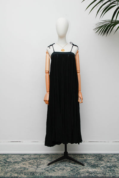Vintage 1970s Indian Gauze Dress, Black Cotton Bohemian Smock