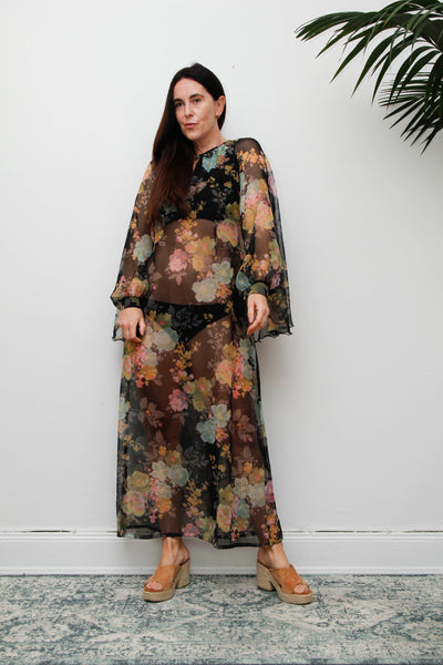 Vintage 1970s Sheer Floral Cape Maxi Dress with Floaty Sleeves