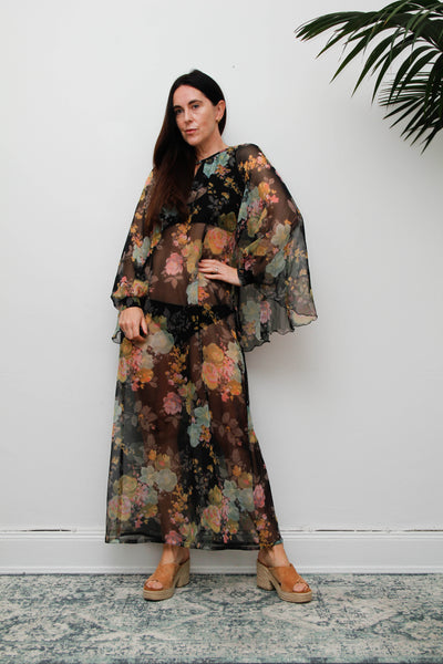 Vintage 1970s Sheer Floral Cape Maxi Dress with Floaty Sleeves