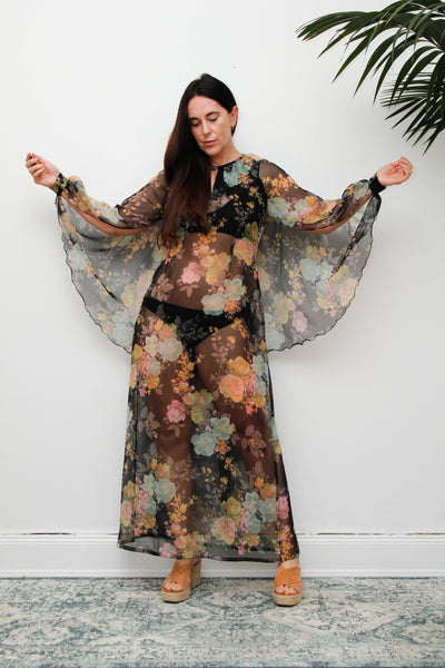 Vintage 1970s Sheer Floral Cape Maxi Dress with Floaty Sleeves