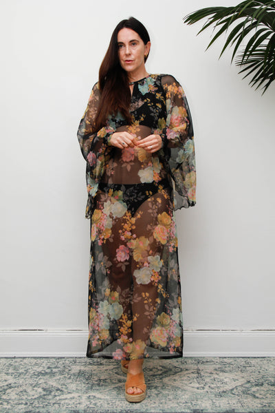 Vintage 1970s Sheer Floral Cape Maxi Dress with Floaty Sleeves