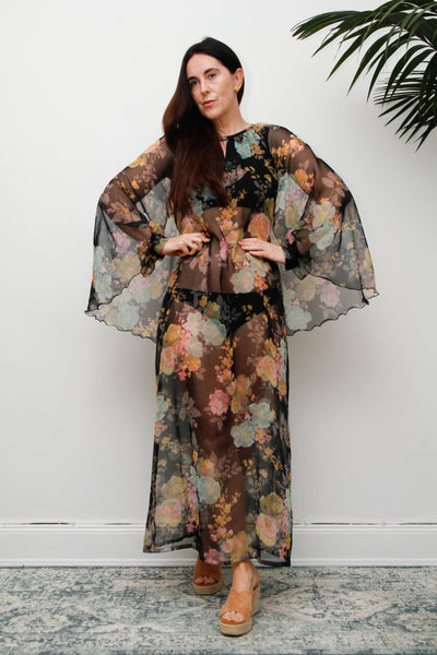 Vintage 1970s Sheer Floral Cape Maxi Dress with Floaty Sleeves